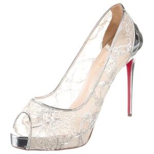 Christian Louboutin Silver lace peep toe Heels wedding prom evening 120 38.5